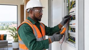 Professional electrician inspecting an electrical panel in Akwa Ibom State