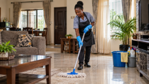Illustrative image of a Nigerian cleaner mopping a living room