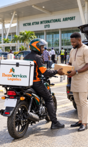 IbomServices Logistics dispatch rider handing over an urgent parcel at Victor Attah International Airport in Uyo