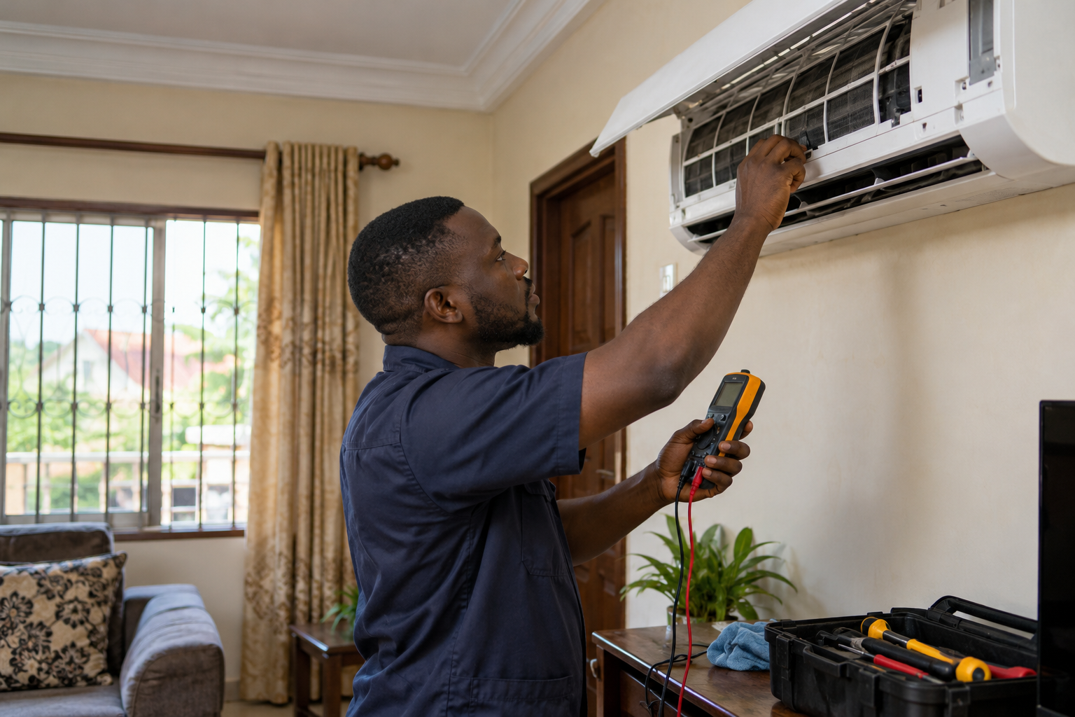 Black Nigerian AC technician servicing a wall-mounted air conditioner