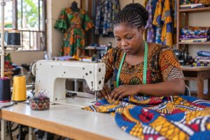 Black Nigerian tailor sewing Ankara fabric on an industrial machine