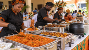 Black Nigerian caterers serving jollof rice and plantain at an event