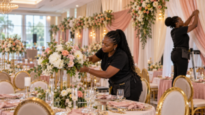 Black Nigerian event decorators arranging flowers and draping at a venue