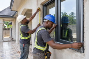 Two Black Nigerian aluminium installers measuring a window frame