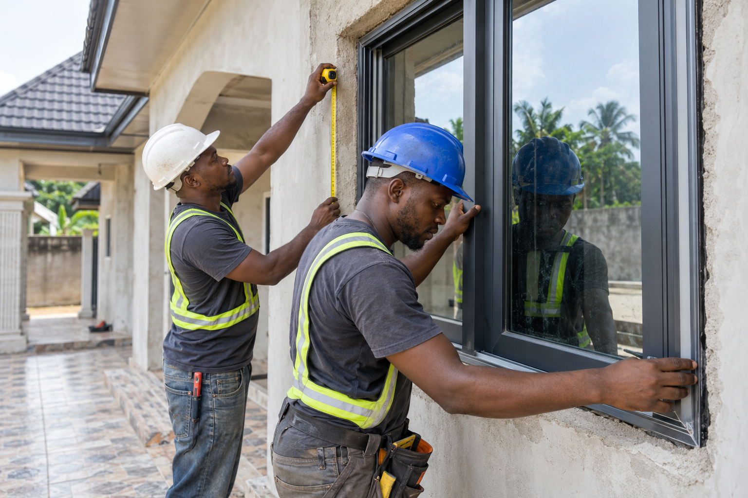 Two Black Nigerian aluminium installers measuring a window frame